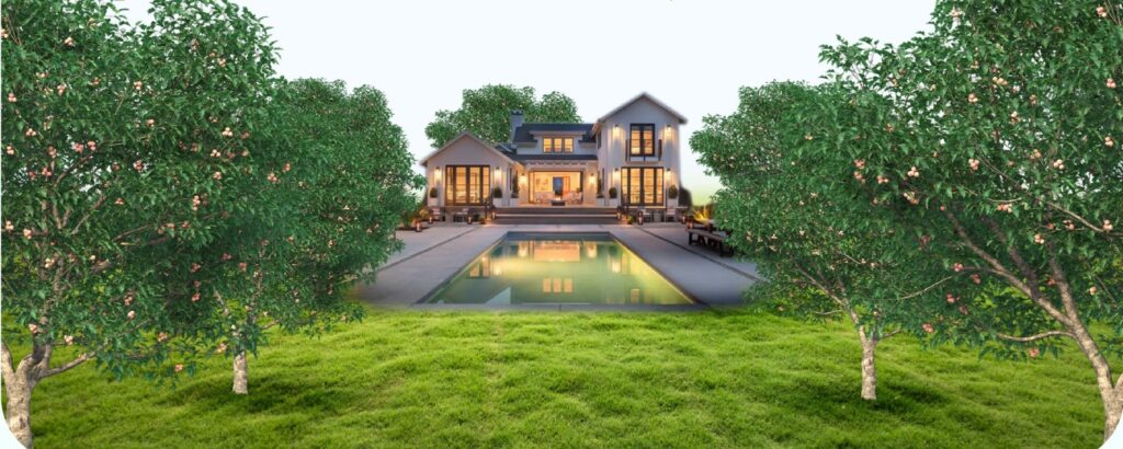 A scenic view of farmhouses in Telangana, showcasing lush greenery and peaceful surroundings, is perfect for investment opportunities
